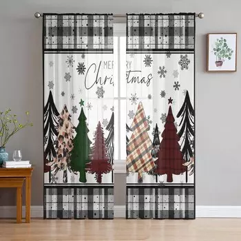Grid Snowflake Christmas Tree Curtains For Living Room Bedroom Home Decoration Window Voile Tulle Curtain Drapes W135 x H114cm