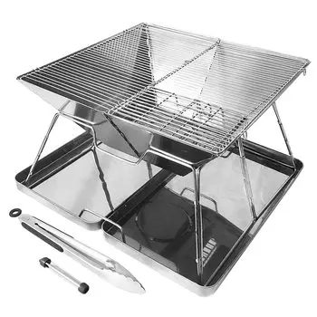 Грили для барбекю Camp Greaves, костровая печь, подставка для семейного кемпинга, 42Д x 42Ш x 27В см, компактные складные щипцы, палка для костра, ножницы для угля, нержавеющая сталь серебряный