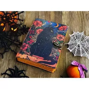 Grimoire Celtic Cat Book of shadow Leather Journal Spell Book - Witch Wiccan Notebook Sketchbook Journal -Handmade Deckle Edge Paper 7 x 5 in