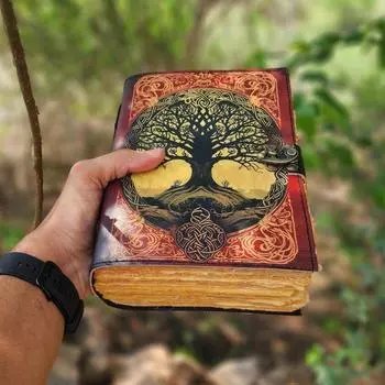 Grimoire Leather Journal, Tree Printed Leather Cover, Blank Spellbook Of Shadows, Sketchbook. Wedding Guest Book 7 x 5 in