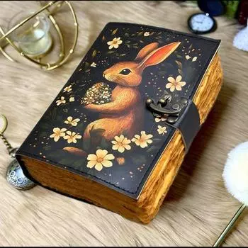 Grimoire Vintage leather journal, Bunny Easter Rabbit Fat Journal, Blank spell book of shadows Celestial Christmas Gifts 7 x 5 in