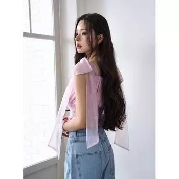 Grl2025ss Yarn Bow Suspenders Tops Sweet Girl Easiest for Match Tops Pink