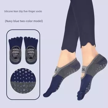 Grom Yoga Five-Finger Socks Strap plus Non-Slip Sole Summer Thin Refreshing Breathable Fitness Indoor Yoga Socks Navy Blue-Spliced -1 Pair
