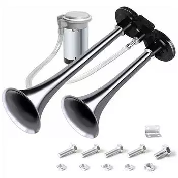 Громкий электрический звуковой сигнал с двойной трубой, 150 дБ, 12 В, с компрессором для легковых автомобилей, грузовиков, морских лодок серебряный