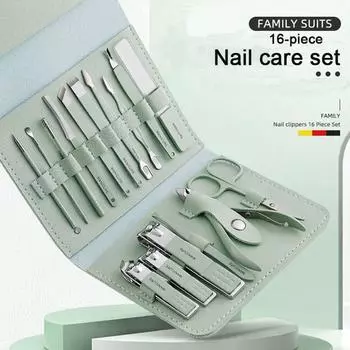 Grooming Suit Stainless Steel Travel Pedicure Set Nail Cutter Set Manicure Tool Nail Clippers Kit 16pcs blue