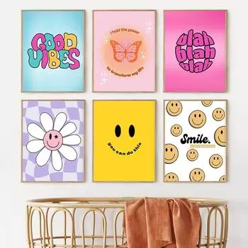 Groovy Cartoon Детская комната Wall Art Масло Холст Декор Коллаж Набор из 6 Улыбающееся лицо Яркие цветы Домашняя роспись Плакат Живопись Печать 21x30cm No Framed