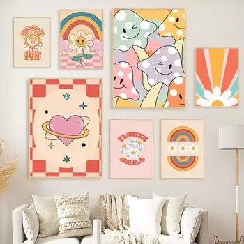 Groovy Ретро настенная художественная галерея набор картинок хиппи плакат с принтом детская комната Радуга мультфильм цветок милый холст живопись домашний декор 21x30cm No Framed