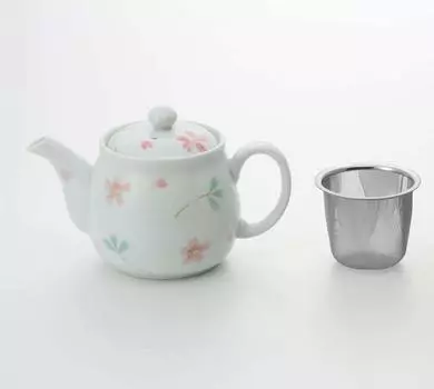 Group pottery teapot pot cherry blossom pattern green tea with tea strainer white floral pattern 500ml Arita ware cherry blossom scattering pot basket