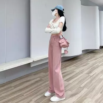 Грязно-розовые широкие джинсы с высокой талией для женщин, весенние прямые свободные брюки для похудения XL розовый