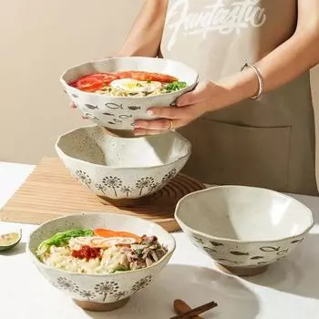 грубая керамическая миска, ретро-керамическая посуда, подглазурная цветная миска для лапши, кружевная суповая миска, домашняя шляпа, коммерческий рамен