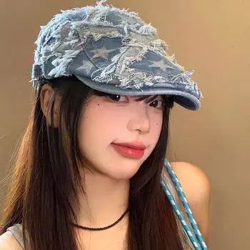 Грубая звезда синий джинсовый берет женский ретро универсальный большой окружность головы шляпа показывает маленькое лицо и носит M (56-58cm) Star Forward