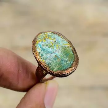 Грубое кольцо из хризоколлы Медное кольцо гальванопластики Регулируемые кольца Ювелирные изделия гальванопластики Кольцо с драгоценным камнем Кольцо ручной работы с камнем Подарок для мамы