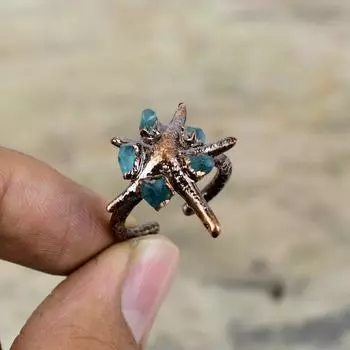 Грубое кольцо с аквамарином, медное кольцо, изготовленное гальваническим способом, регулируемое кольцо ручной работы, медные ювелирные изделия, кольцо с драгоценным камнем, подарок на годовщину, ювелирные изделия, изготовленные гальваническим методом