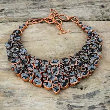 Грубое ожерелье из снежинки из обсидиана, гальваническое медное ожерелье, регулируемая цепочка, ожерелье, оригинальный драгоценный камень, ювелирные изделия ручной работы, подарок для женщин