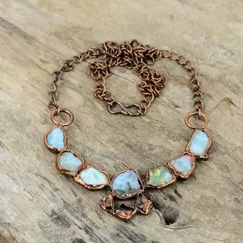 Грубое ожерелье Ларимар, гальваническое медное ожерелье, регулируемая цепочка, ожерелье, ювелирные изделия ручной работы, гальванопластика, ожерелье высокого качества с драгоценными камнями