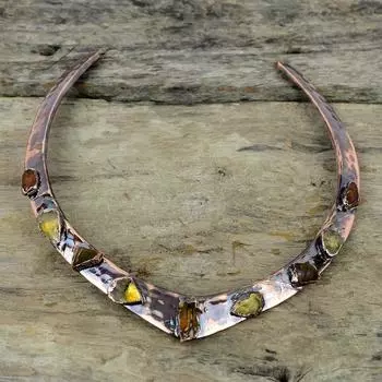 Грубое ожерелье с гессонитом, медное ожерелье, полученное электроформованием, ювелирные изделия из драгоценных камней, регулируемое ожерелье, грубое ожерелье с цитрином, антикварные ювелирные изделия ручной работы