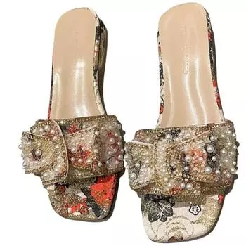 Грубые сандалии, женская летняя верхняя одежда. Модные женские сандалии на плоской подошве со стразами, повседневные пляжные шлепанцы, женская обувь. 35