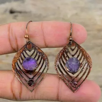 Грубые серьги с африканским аметистом, грубые серьги с розовым турмалином, гальванопластиковые медные серьги, ювелирные изделия ручной работы, уникальные серьги для подарка