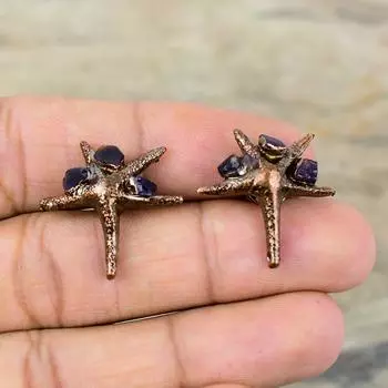 Грубые серьги с африканским аметистом, медные серьги, изготовленные методом гальванопластики, очень красивые ювелирные изделия из драгоценных камней, серьги ручной работы, ювелирные изделия, изготовленные гальваническим способом, подарок для нее