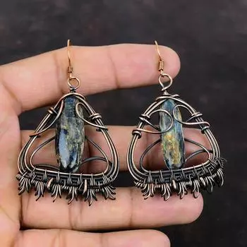 Грубые серьги с кианитом, серьги из медной проволоки, ювелирные изделия из натуральных драгоценных камней, удивительные серьги ручной работы, дизайнерские медные ювелирные изделия, подарок для женщин