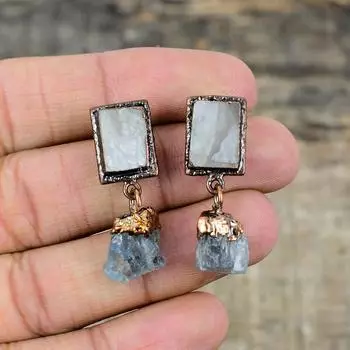 Грубые серьги с радужным лунным камнем, грубые серьги с неоновым апатитом, гальванопластиковые медные серьги с драгоценными камнями, гальванические ювелирные изделия, подарок для помолвки