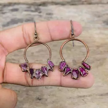 Грубые серьги с розовым турмалином, медные серьги, полученные гальваническим методом, серьги ручной работы, серьги из драгоценных камней, ювелирные изделия из гальванической меди для женщин, подарок на помолвку