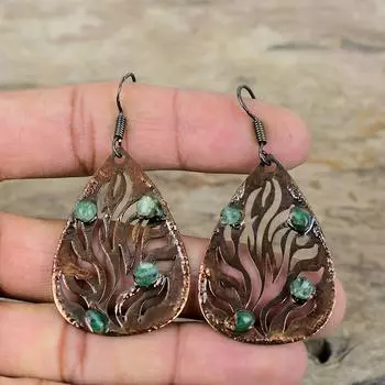Грубые серьги с зеленым турмалином, медные гальванические серьги, медные украшения ручной работы для подарка, изящные серьги с драгоценными камнями, гальванические ювелирные изделия