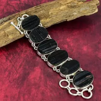 Грубый браслет с черным турмалином, ювелирные изделия из натуральных драгоценных камней, браслет из стерлингового серебра 925 пробы, браслет-цепочка, ювелирные изделия ручной работы для подарка 8 Inches With Adjustable чёрный