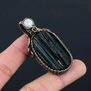 Грубый черный турмалин и лунный камень, драгоценный камень, подвеска из чистой медной проволоки ручной работы, ювелирное изделие 2.56 Inches чёрный