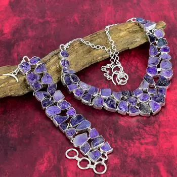 Грубый драгоценный камень аметист, твердое серебро 925 пробы, комплект ювелирных изделий из ожерелья и браслета ручной работы для нее, новые красивые дизайнерские украшения из драгоценных камней для нее Adjustable With 8 -18 фиолетовый