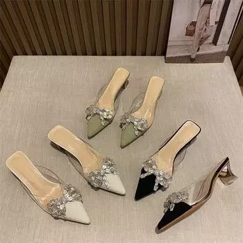 Грубый каблук, французские полутапочки с головкой-мешком, лето 2025, женские, новые высококачественные босоножки на среднем каблуке со стразами, туфли с бантом 35 чёрный