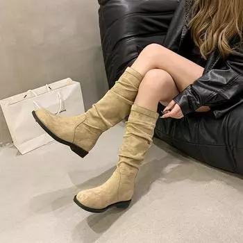Грубый каблук хаки штабелированные сапоги длинные сапоги женская обувь новые осенние и зимние тонкие высокие рыцарские сапоги 35 хаки