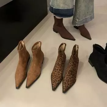 Грубый каблук с острым носком и леопардовым принтом, тонкие короткие сапоги, женская обувь 2025 года, новые замшевые французские ботильоны 35 чёрный