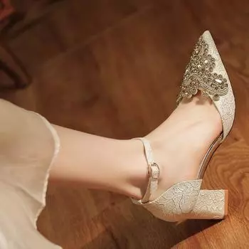 Грубый каблук, стразы, односложная пряжка, атласные свадебные туфли, свадебное банкетное платье, высокие каблуки, женская обувь 34