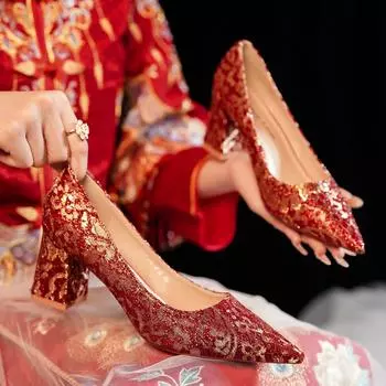Грубый каблук заостренный женские туфли на высоком каблуке свадебные туфли сексуальное свадебное платье кружево новые легкие одинарные туфли 34