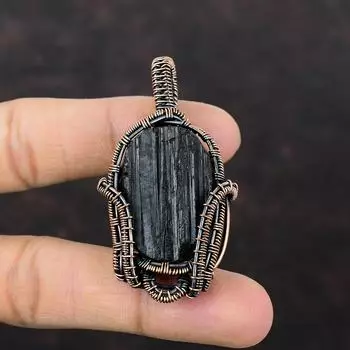 Грубый кулон с черным турмалином, кулон из медной проволоки, красивые медные украшения, кулон ручной работы в этническом стиле, кулон с драгоценным камнем для подарка