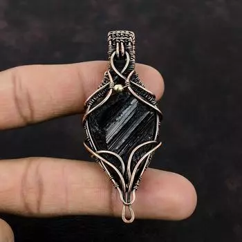 Грубый кулон с черным турмалином, медная проволока, кулон, драгоценный камень, медные украшения ручной работы, новый кулон, ювелирное изделие, подарок для него