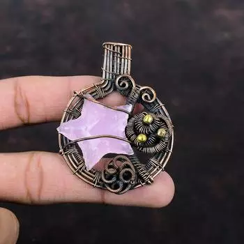 Грубый кулон с розовым халцедоном, кулон из медной проволоки, кулон ручной работы, кулон с драгоценным камнем, медные украшения, подарок для него, ювелирные изделия из проволоки