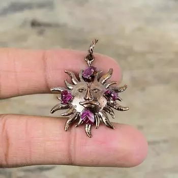 Грубый кулон с розовым турмалином, гальванический медный кулон, кулон с изображением солнца, кулон ручной работы, гальванопластика, ювелирные изделия, кулон с драгоценным камнем, подарок на свадьбу