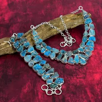 Грубый неоновый апатит, комплект ювелирных изделий из стерлингового серебра 925 пробы, ожерелье и браслет, антикварные украшения из грубых драгоценных камней для нее, комплект ювелирных изделий ручной работы для женщин Adjustable With 8 -18 синий