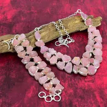Грубый розовый кварц 925 твердый серебряный браслет и комплект ювелирных изделий из ожерелья, комплект ювелирных изделий ручной работы из драгоценных камней для нее Adjustable With 8 -18 розовый