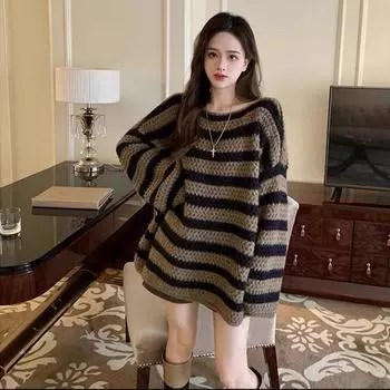 Грубый свитер в полоску с напуском, женский пуловер, зима 2023, повседневный винтажный свободный пуловер с длинными рукавами, вязаный свитер, женский пуловер One Size розовый