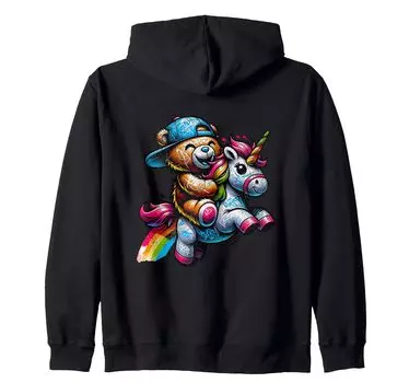 Grunge Graffiti Teddy Bear Unicorn Cute Plush Zip Hoodie чёрный