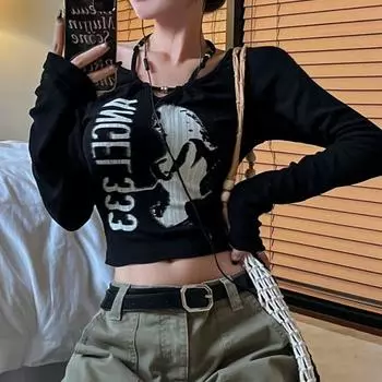 Grunge Y2k женская футболка с винтажным принтом и круглым вырезом в стиле пэчворк, тонкий топ с длинными рукавами Kpop, модная футболка с рисунком, уличная одежда S чёрный