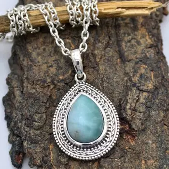 Груша Кабошон Ларимар (5 центов) Ожерелье с подвеской Твердая подвеска из стерлингового серебра 925 пробы с цепочкой Ювелирные изделия для женщин или девочек синий