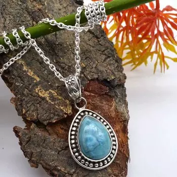 Груша Кабошон Натуральный Ларимар Кулон Ожерелье Твердый Стерлингового Серебра 925 Кулон Драгоценный Камень с Цепью Ювелирных Изделий синий