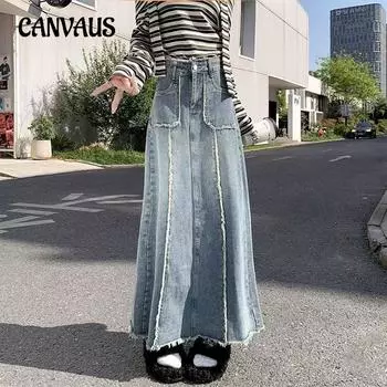 Грушевидная фигура, винтажная джинсовая юбка-бюстье из мешковины, женская длинная юбка трапециевидной формы размера плюс S синий