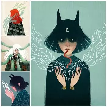 Грустная и плачущая маленькая ведьма. Художественная гравюра. Выступление ведьмы. Плакаты и гравюры с ведьмами. 21cm30cm NoFrame