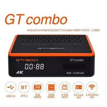 GTMEDIA GT COMBO Smart TV Box-приемник Android 9.0 2 ГБ + 16 ГБ 4K медиаплеер, цифровое видео EU Plug чёрный