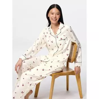 GU by Uniqlo Атласная пижама с длинными рукавами и длинными брюками Вишневый цвет 01 OFF WHITE/XS